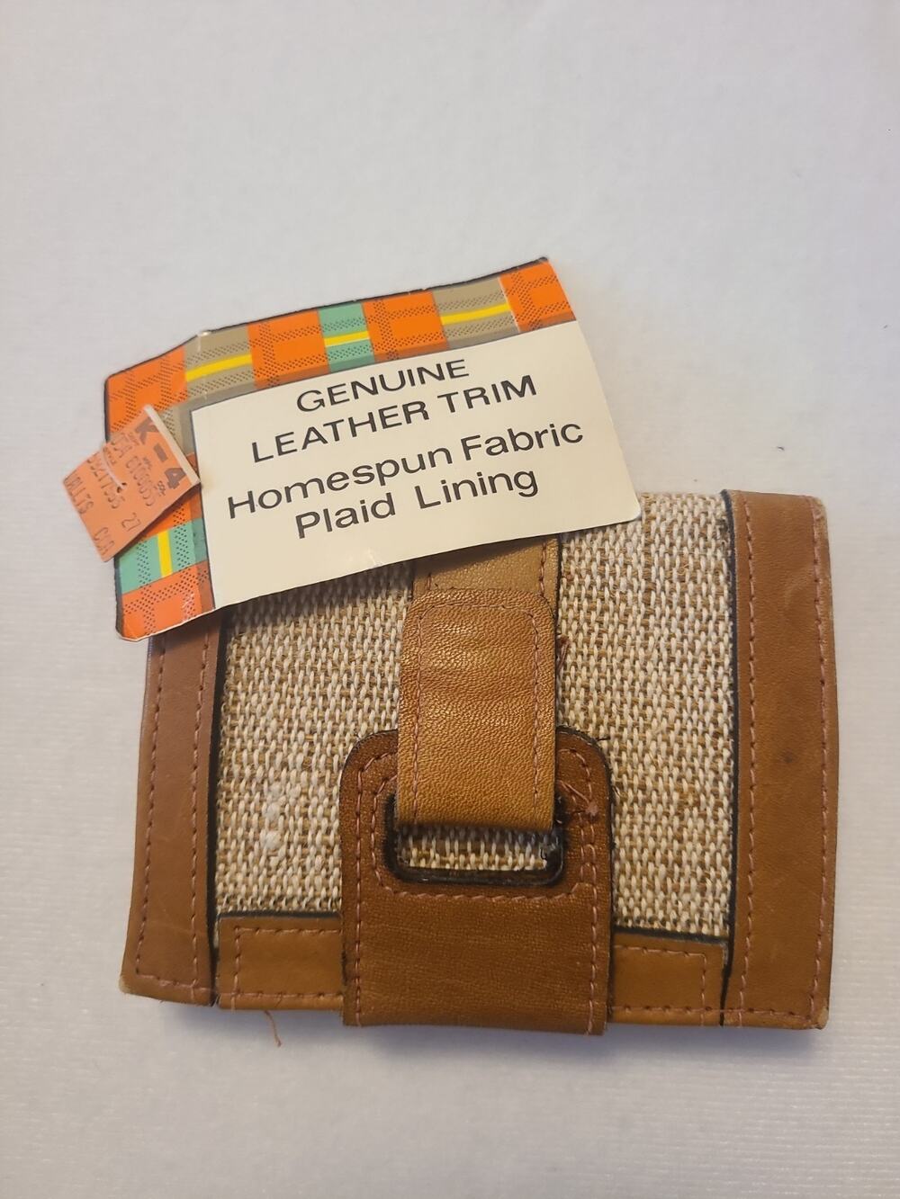 Vtg 70s Cottagecore Kmart Homespun Fabric Trifold Wallet Leather Trim NWT